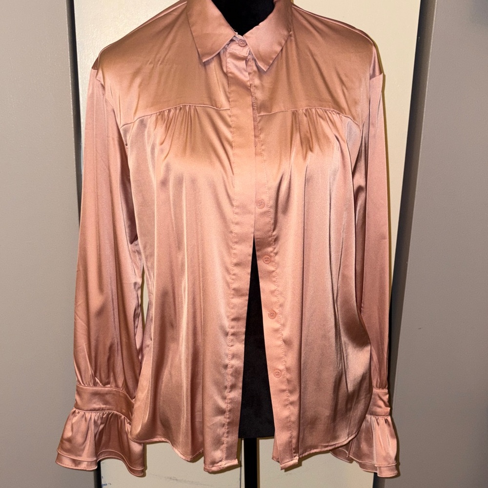 Elegant hundred percent polyester, dusty rose Blouse size largeNWOT